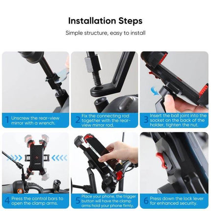 JOYROOM Versatile Motorcycle Phone Mount for Secure Handling showing six installation step images demonstrating mounting to handlebars and securing a phone
