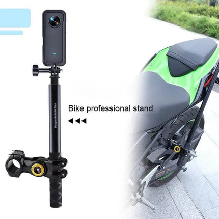 Bicycle and Motorcycle Handlebar Camera Mount Adapter secured to motorcycle handlebar showing aluminum alloy clamp for stable footage