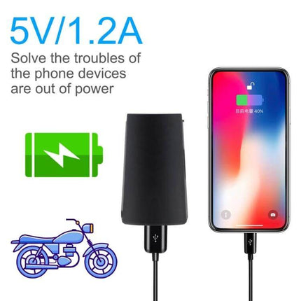 Waterproof USB Phone Charger Adapter for Motorcycle Use - 5V/1.2A charging phone connected to motorcycle power, flame retardant durable design