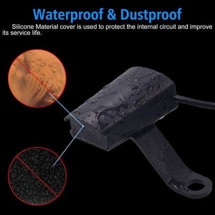Waterproof USB Phone Charger Adapter for Motorcycle Use — waterproof, dustproof silicone-covered motorcycle USB charger, durable flame retardant housing