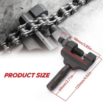 Bicycle and Motorcycle Chain Removal Tool with Handle Adapter showing iron chain breaker tool with handle and size markings