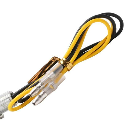 Turn Signal Indicator Light for Motorcycles with Triangular Design — close-up of yellow and black wiring and connector for easy installation
