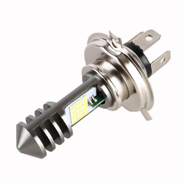 White Light LED Headlight for Motorcycles, H4 Style - compact H4 LED bulb showing white LED chips and metal heat sink for easy motorcycle upgrade