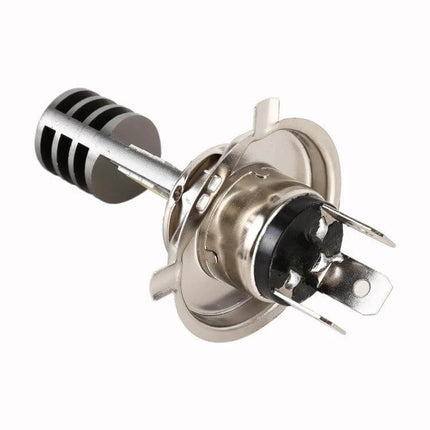 White Light LED Headlight for Motorcycles, H4 Style - compact H4 LED bulb with heat sink for brighter white light and lower power draw