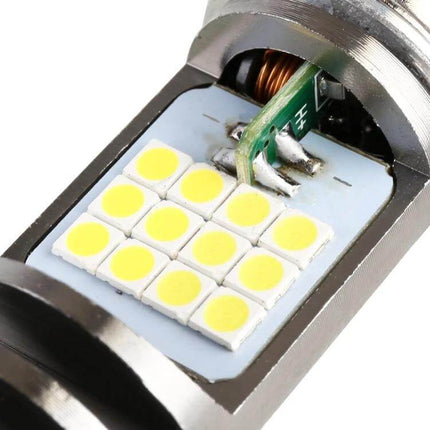 White Light LED Headlight for Motorcycles, H4 Style showing LED chip array and wiring for easy upgrade and improved night visibility