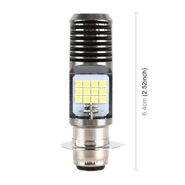 Motorcycle LED Headlight with White and Yellow Light Options – compact LED bulb showing white and yellow diodes, 6.4cm length