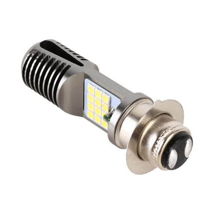 Motorcycle LED Headlight with White and Yellow Light Options - compact LED bulb showing white/yellow modes, cooling fins and P13W plug for easy bike installation