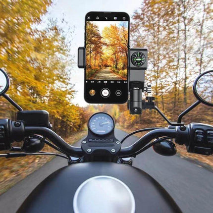 Motorcycle Phone Holder with Built-in Compass and Mirror Mount showing phone secured to bike mirror with compass visible