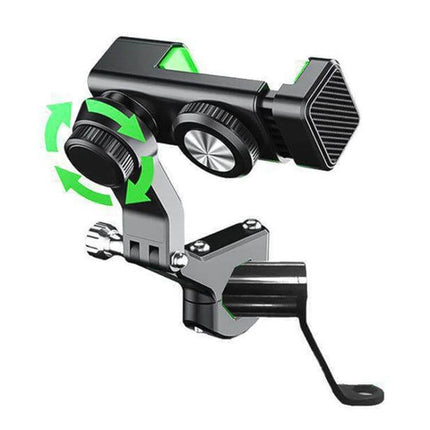 Motorcycle Phone Holder with Built-in Compass and Mirror Mount showing adjustable clamp and rotating joints for mirror attachment
