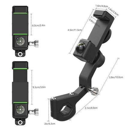 Motorcycle Phone Holder with Built-in Compass and Mirror Mount showing adjustable clamp, compass, and mirror-mount arm with dimensions