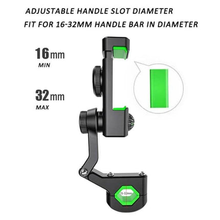 Motorcycle Phone Holder with Built-in Compass and Mirror Mount showing adjustable 16-32mm handlebar clamp and green padding