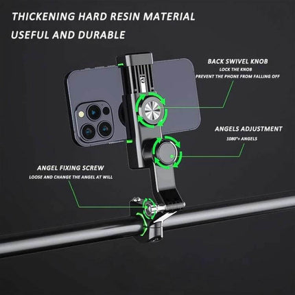 Motorcycle Phone Holder with Built-in Compass and Mirror Mount showing phone secured to mirror mount with angle adjustment knobs and compass