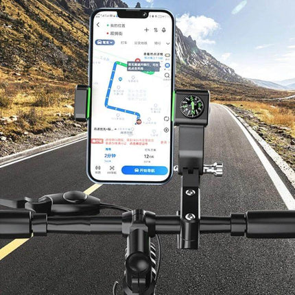 Motorcycle Phone Holder with Built-in Compass and Mirror Mount attached to bike handlebar showing phone GPS and compass