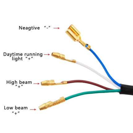 Vintage 5.75 Inch LED Headlight for Harley Motorcycles wiring harness with labeled negative, daytime running, high beam and low beam connectors