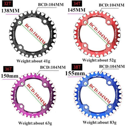 MOTSUV Chainring 32T for MTB Everyday Riding Accessory CNC anodized 104BCD 32T–38T color options shown