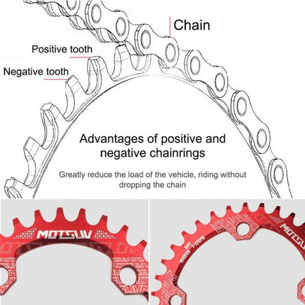 MOTSUV Elliptic Chainring for MTB Riding Black 34T - 104BCD oval chainring close-up showing positive and negative teeth, CNC anodized 7075-T6 aluminum