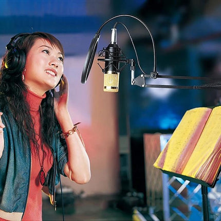 Essential Microphone Kit for Everyday Home Audio Recording showing a singer with BM-800, pop filter, shock mount and scissor arm in a home studio
