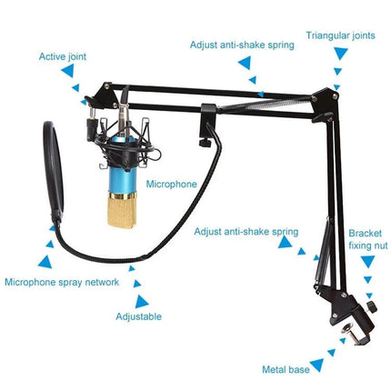 Essential Microphone Kit for Everyday Home Audio Recording with BM-800, shock mount, pop filter, scissor arm stand, foam cap and power cable
