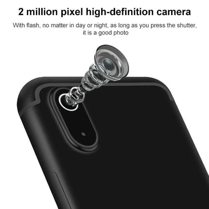 Versatile Android Smartphone for Everyday Communication and Internet Access showing rear 2MP camera and flash on compact black handset