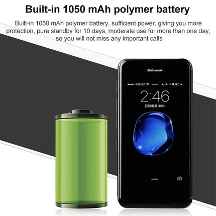 Versatile Android Smartphone for Everyday Communication and Internet Access showing compact phone next to large battery icon indicating 1050 mAh capacity