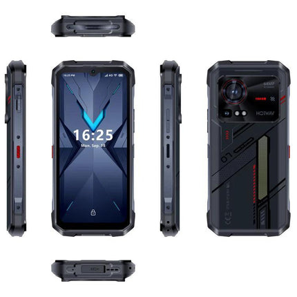 HOTWAV Rugged Phone for Everyday Outdoor and Travel Use - front, back and side views showing rugged design, camera, ports and durable casing
