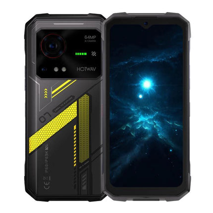 HOTWAV Rugged Phone for Everyday Outdoor and Travel Use - black durable outdoor smartphone with yellow accents, front and back view