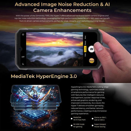 HOTWAV Rugged Phone for Everyday Outdoor and Travel Use showing rugged handset with landscape photo, MediaTek HyperEngine 3.0 features