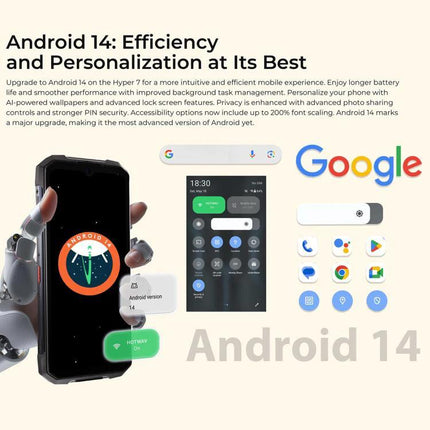 HOTWAV Rugged Phone for Everyday Outdoor and Travel Use showcasing Android 14 interface and rugged design for hikes, travel, and daily use