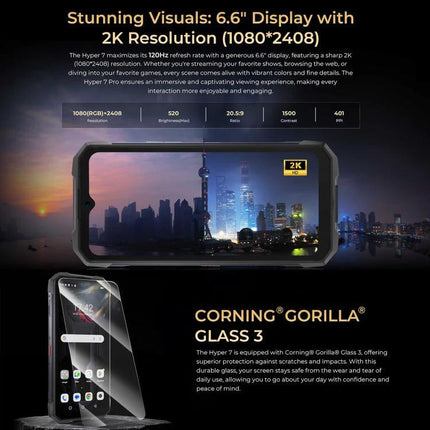 HOTWAV Rugged Phone for Everyday Outdoor and Travel Use showcasing 6.6" 2K display, Corning Gorilla Glass 3 and rugged design for hikes, travel, and daily use