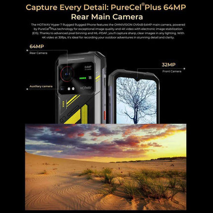 HOTWAV Rugged Phone for Everyday Outdoor and Travel Use showing 64MP rear camera, 32MP front camera and rugged design in outdoor landscape scene