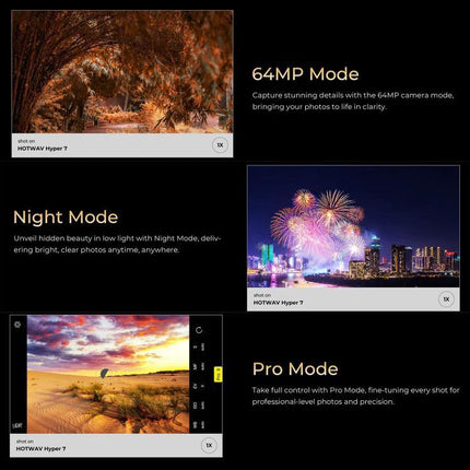 HOTWAV Rugged Phone for Everyday Outdoor and Travel Use showcasing 64MP, Night Mode and Pro Mode camera features for outdoor photography