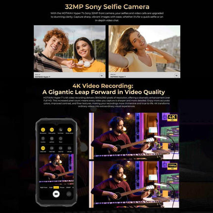 HOTWAV Rugged Phone for Everyday Outdoor and Travel Use showcasing 32MP selfie and 4K video recording features in outdoor and studio scenes