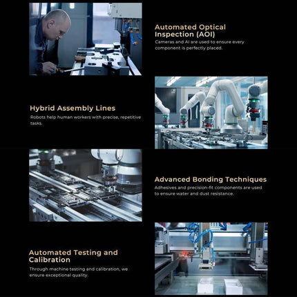 HOTWAV Rugged Phone for Everyday Outdoor and Travel Use - manufacturing process collage showing automated inspection, hybrid assembly lines, bonding and testing