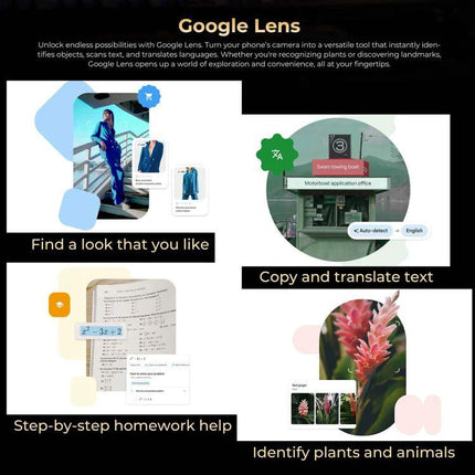 HOTWAV Rugged Phone for Everyday Outdoor and Travel Use showing Google Lens features like translate, identify plants, homework help, and style search
