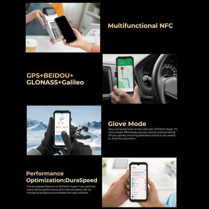 HOTWAV Rugged Phone for Everyday Outdoor and Travel Use showing NFC, GPS navigation, glove mode and performance features
