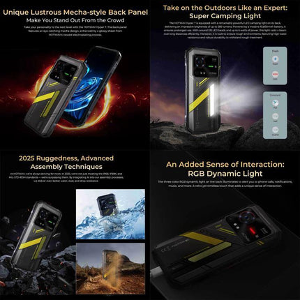 HOTWAV Rugged Phone for Everyday Outdoor and Travel Use with mecha-style back, RGB light, and drop/water-resistant design