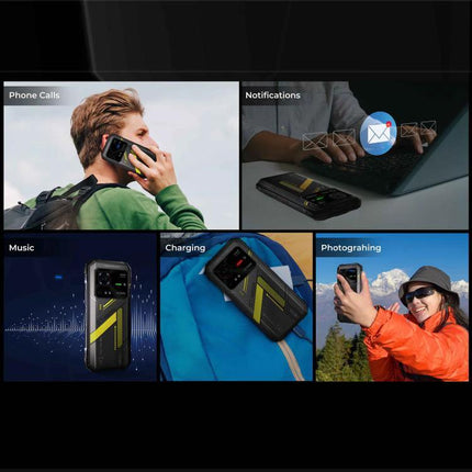 HOTWAV Rugged Phone for Everyday Outdoor and Travel Use showing rugged phone used for calls, notifications, music, charging, and photography