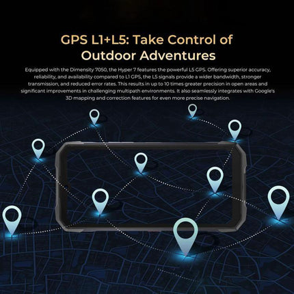 HOTWAV Rugged Phone for Everyday Outdoor and Travel Use showing GPS L1+L5 navigation pins and rugged handset in map view