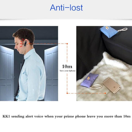 Bluetooth Hands-Free Headset for Daily Calls and Travel showing anti-lost 10m alert feature with compact earhook design