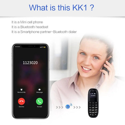 Bluetooth Hands-Free Headset for Daily Calls and Travel - compact discreet KK1 headset shown next to smartphone on call