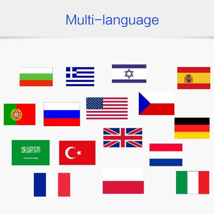 Bluetooth Hands-Free Headset for Daily Calls and Travel showing multi-language country flag icons for international use
