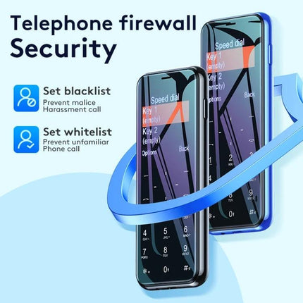 Lightweight Kids' Phone for Safe Daily Calls and Messaging showing two ultra-thin child-friendly phones with call whitelist/blacklist and speed dial features