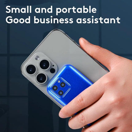 Lightweight Kids' Phone for Safe Daily Calls and Messaging — ultra-thin blue kids phone attached to adult smartphone, portable for school commutes and playdates