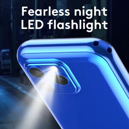 Lightweight Kids' Phone for Safe Daily Calls and Messaging showing ultra-thin blue phone with LED flashlight beam