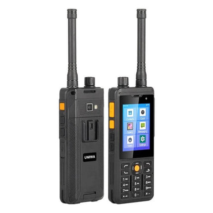 Rugged Waterproof Android Device for Outdoor Communication showing front and back with antenna, keypad, and screen