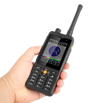 Rugged Waterproof Android Device for Outdoor Communication handheld with antenna showing GPS radar screen, durable keypad and rubberized casing