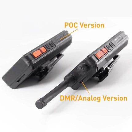 Rugged Waterproof Android Device for Outdoor Communication shown as POC and DMR/Analog versions with belt clips and orange buttons