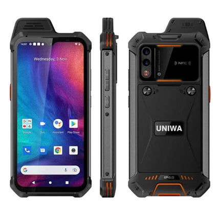 Waterproof Rugged Smartphone for Daily Outdoor Use showing front, side, and back of rugged UNIVA phone with dual camera and durable casing