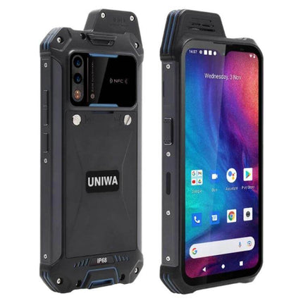 Waterproof Rugged Smartphone for Daily Outdoor Use - black rugged UNiwa phone showing front display and rear camera, IP68 protection