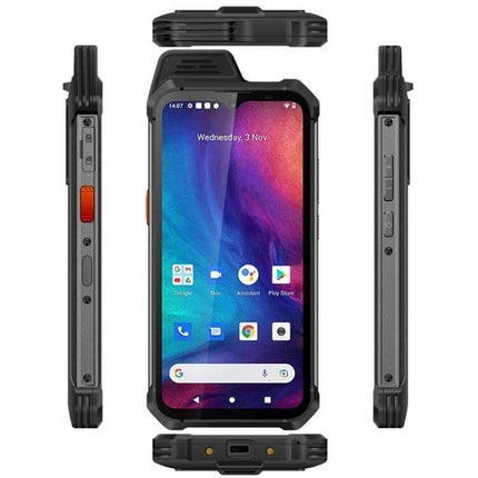 Waterproof Rugged Smartphone for Daily Outdoor Use shown from front and sides with durable casing, ports, and long-lasting battery design